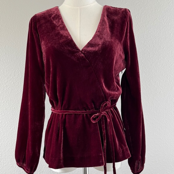 J. Crew Tops - NWT J. Crew Burgundy Red Velvet Top Women's Size 8 Faux-Wrap Holiday Party